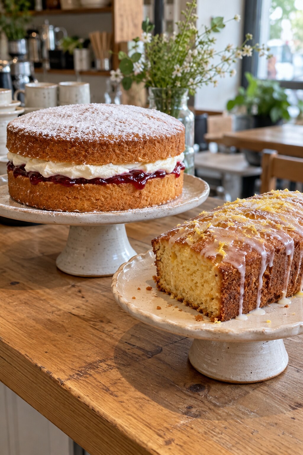 Home-baked cakes on stands — lemon drizzle and a tall Victoria sponge.