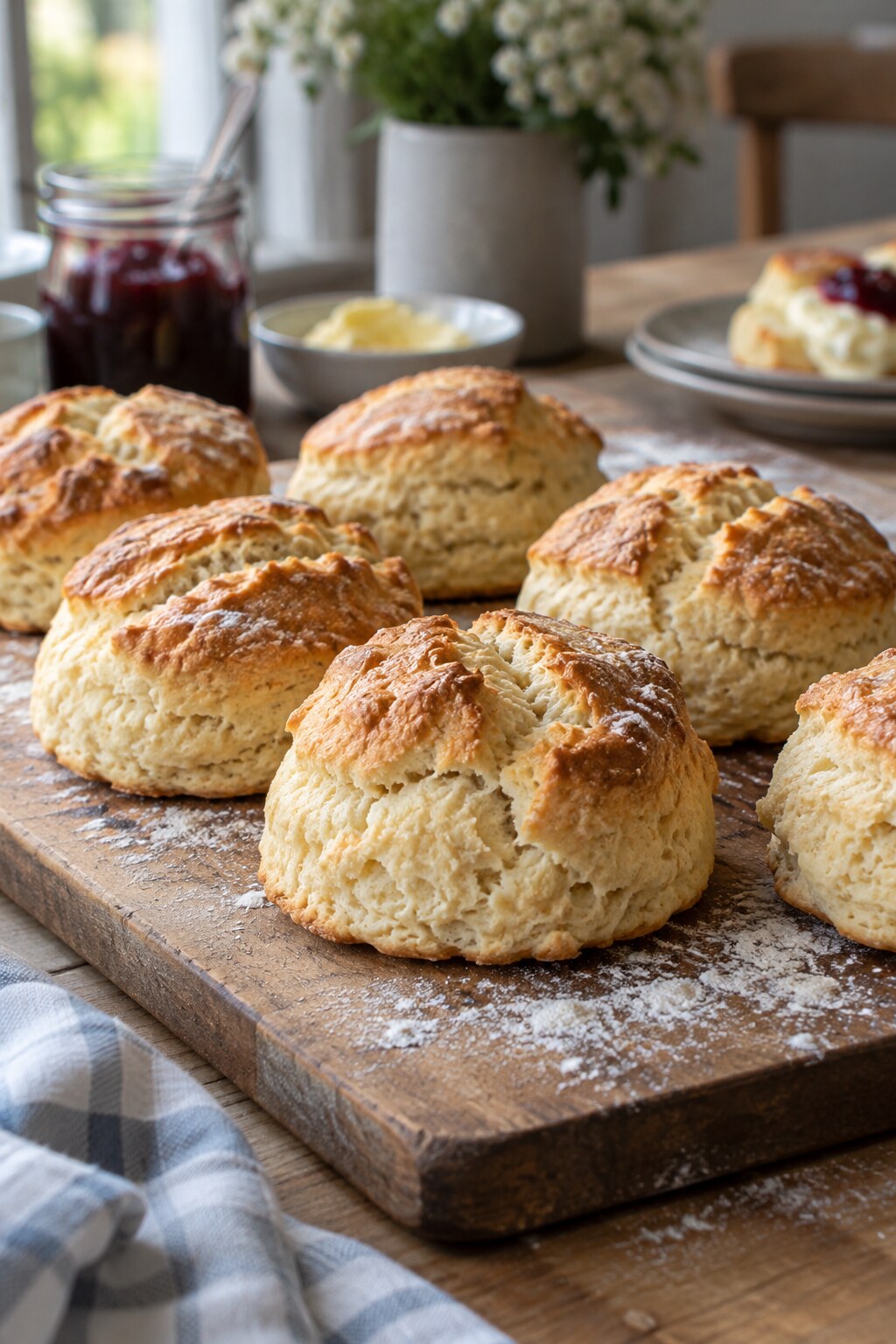 A tray of warm golden scones fresh from the oven on a floured board.