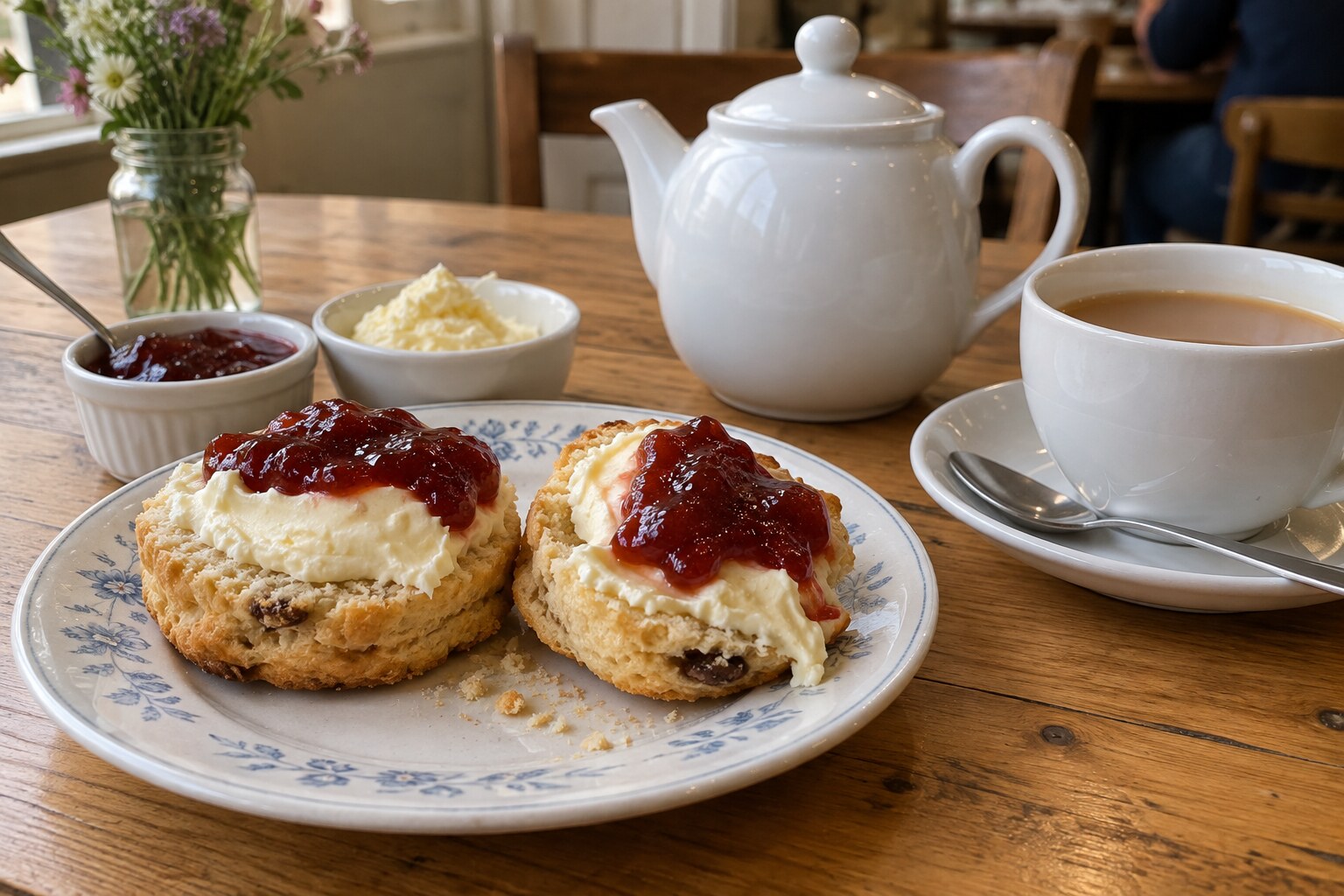A cream tea of two scones with clotted cream and strawberry jam beside a pot of tea.