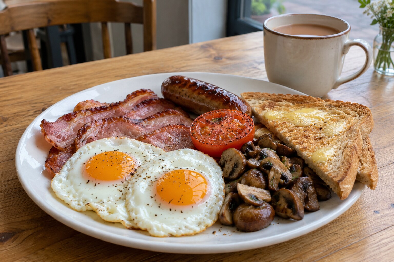 A full English breakfast with eggs, back bacon, sausage, grilled tomato and toast.