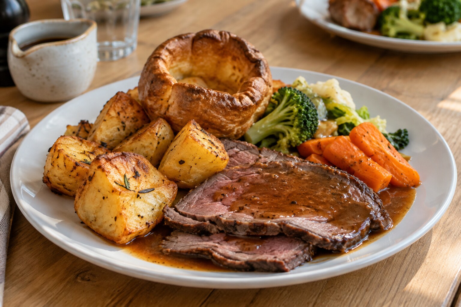 A Sunday roast with sliced beef, roast potatoes, vegetables and a Yorkshire pudding.