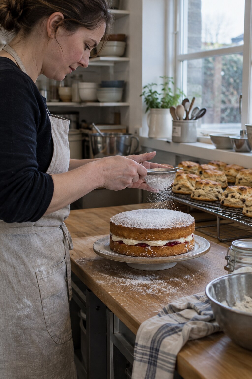 A baker dusting a Victoria sponge with icing sugar in the kitchen at dawn.