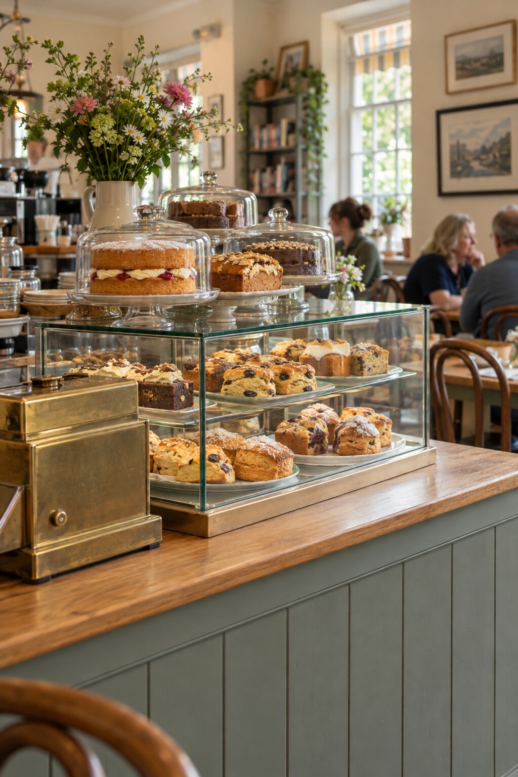 The cake counter with scones and sponge under glass domes and a brass till.