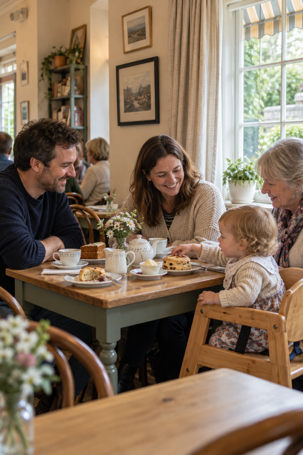 A family with a child in a high chair sharing tea and cake at a window table.