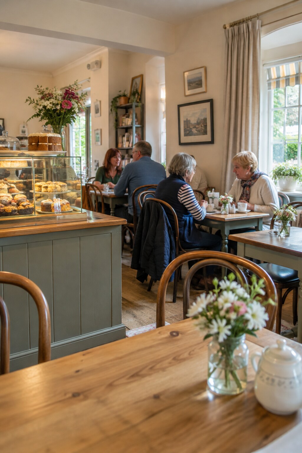 The main room, with wooden tables, bentwood chairs and soft daylight.